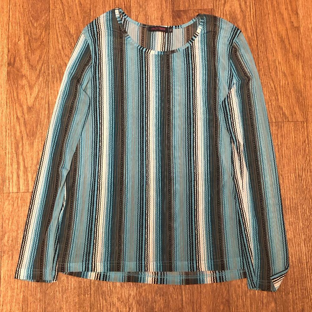 Crazy Train Blue Cream Gray Sheer Long Sleeve Wavy Striped Blouse Size XL